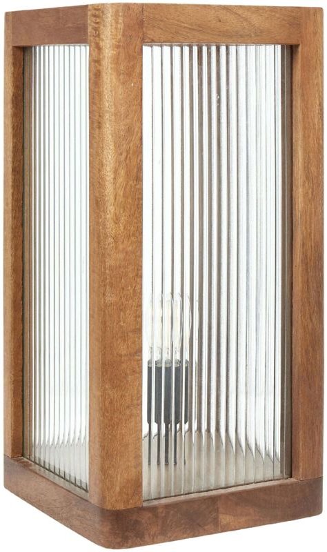 Tischlampe Hellbraun Mango-Holz 1-Flammig mit Schirm Geometrisch Glas Rillen-Optik Langes Kabel mit Schalter Rustikal Sc...