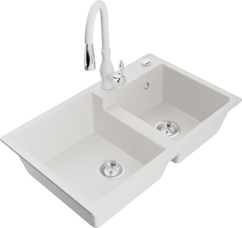 Tomas 2-Becken-Granitspüle mit Mischbatterie Savita, Wei√ü - 6516-20-672601-20 - Mexen