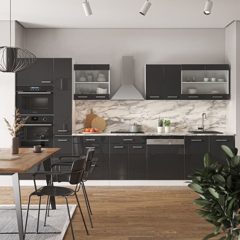 Vicco - Küchenzeile R-Line, Anthrazit Hochglanz/Weiß, 350 cm mit Hochschrank, ohne Arbeitsplatte
