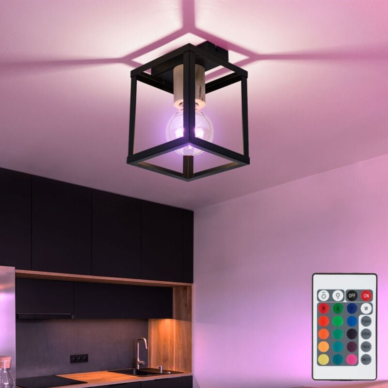 Globo Lighting - Decken Leuchte dimmbar Holz natur Lampe schwarz Schlaf Zimmer Vintage Fernbedienung im Set inkl. rgb le...