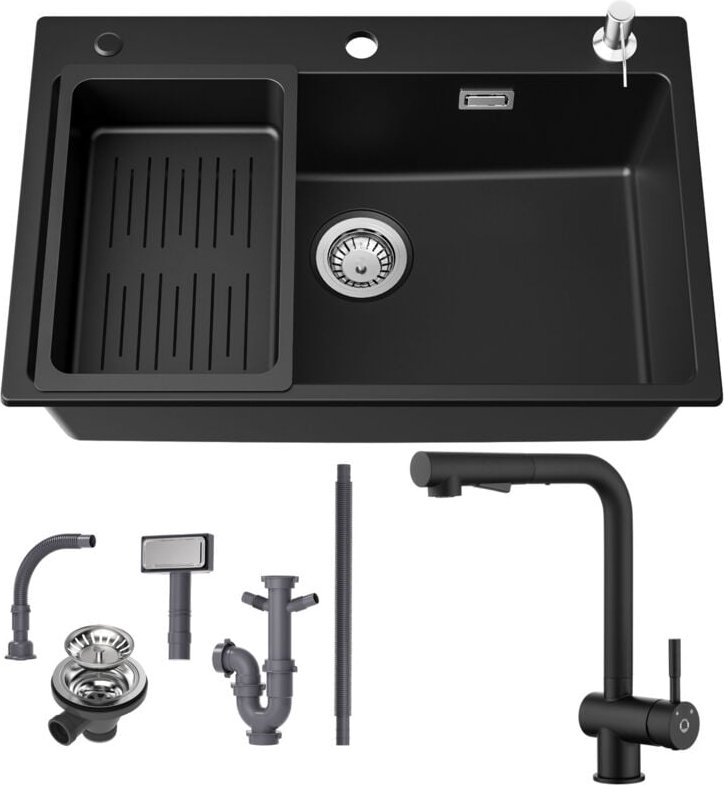 Granitspüle 70×45 cm Küchenspüle Granit + Ausziehbare Küchenarmatur(Höhe 312mm), Aufsatz Spüle mit Abtropfkorb und Seife...
