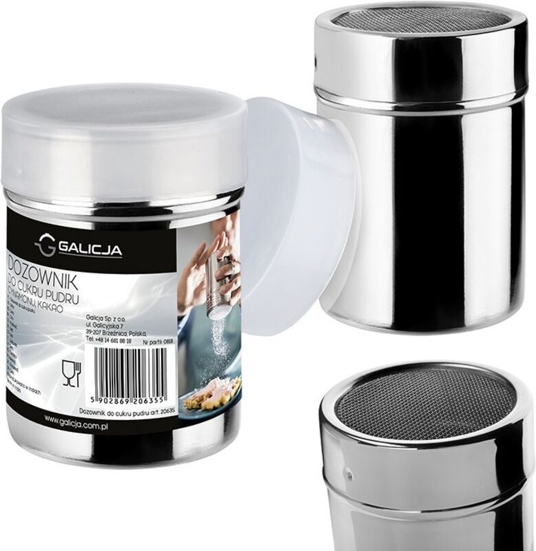 Dispensador de azúcar glas y cacao PRACTICO, acero inoxidable, tapa de plástico