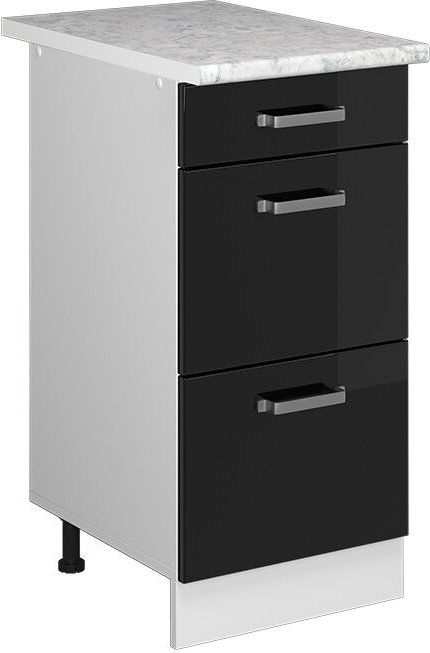 Vicco - Küchenunterschrank R-Line, Schwarz Hochglanz, 40 cm mit Schubladen, ap Marmor