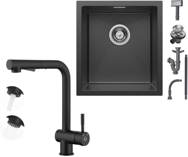 Cecipa Max - 40×44CM Unterbau-Küchenspüle Anthrazitschwarz Edelstahls mit Schwarz Ausziehbarer Küchenarmatur Niederdruck...