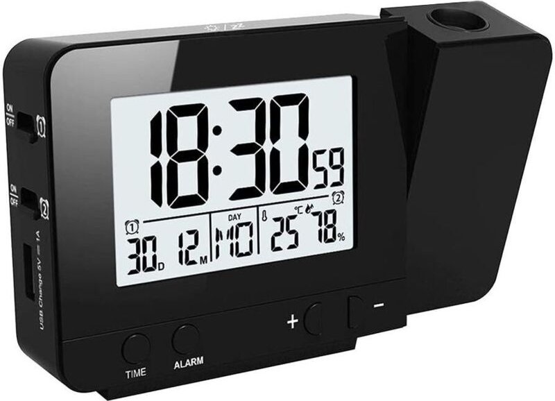 LED-Digitalprojektor-Wecker – USB-Display, Temperaturanzeige, Kalender, Wecktöne, Timer
