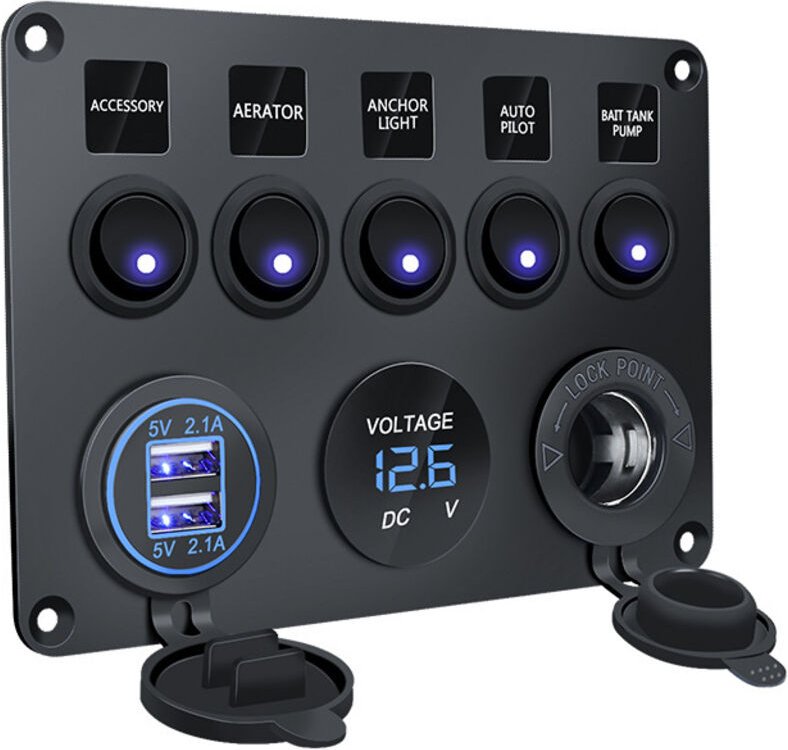12-V-Marine-Schalttafel, 4,2-A-USB-Ladeanschluss + Zigarettenanzünderbuchse + Voltmeteranzeige, IP65 wasserdichte Wippsc...