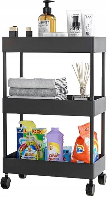 Badezimmerregal, Küchenschrank, mobiles Regal, 3 Ebenen, Schwarz