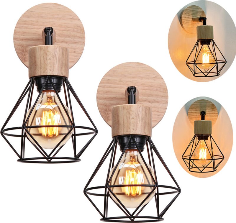 STOEX Wandlampe Holz Retro Wandleuchte Diamant Käfig E27 für Flur Wohnzimmer Schlafzimmer Cafét Küche - 2 Stück Schwarz