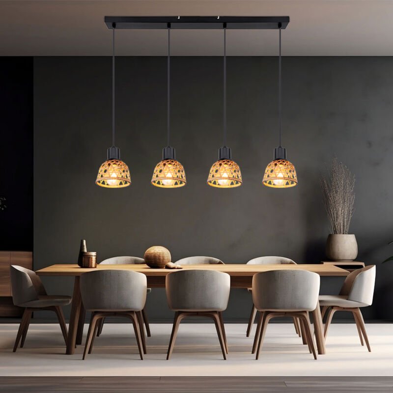 Hängelampe Hängeleuchte Esszimmer Bambusgeflecht aus Holz 4 flammig, Metall schwarz, 4x E27 Fassungen, LxBxH 72x13x120 c...