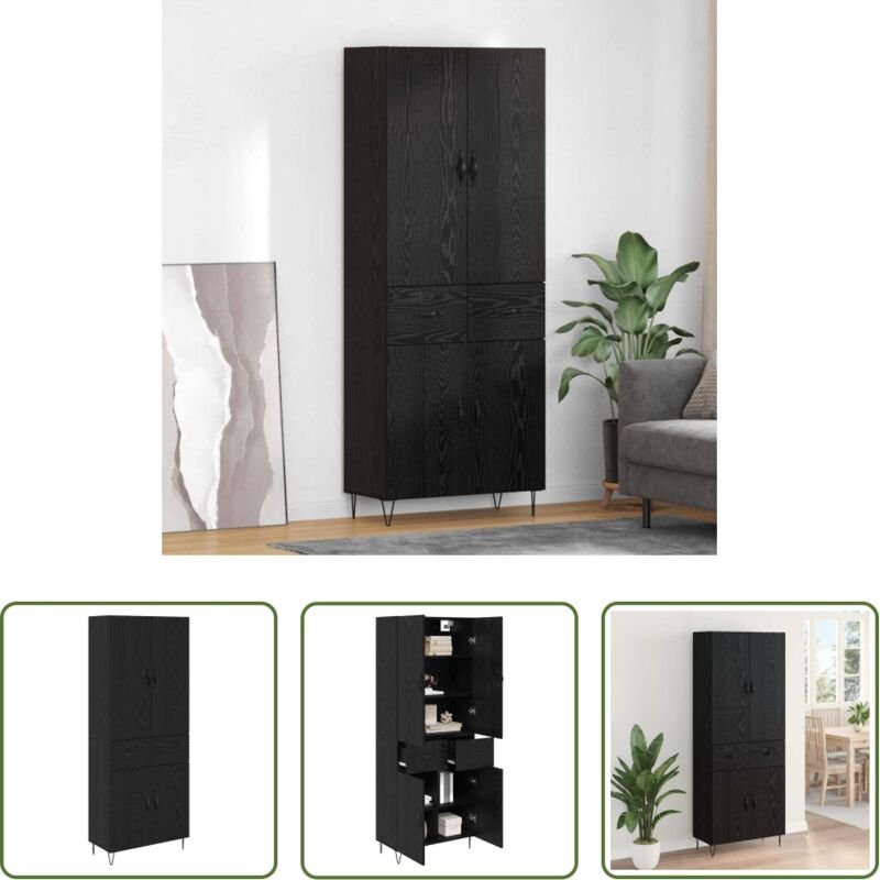 Hochschrank Schwarz Eichen-Optik - Highboard 2 Stück Schwarz Eichen-Optik Ingenieurholz und Glas