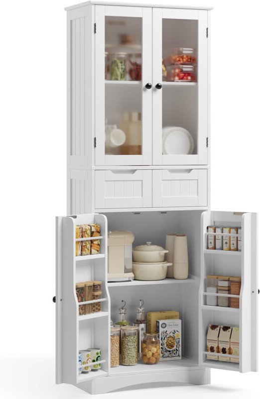 Sideboard Weiß 170 cm Bealife Küchen-Sideboard Aufbewahrungsschrank Hoch mit 2 Schubladen 2 Einlegeböden und 4 Türen Sow...