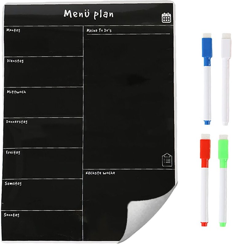 Relaxdays Speiseplan Wochenplaner, HxB 42 x 30 cm, magnetisch, abwischbar, 4 Marker, Whiteboard für Kühlschrank, schwarz