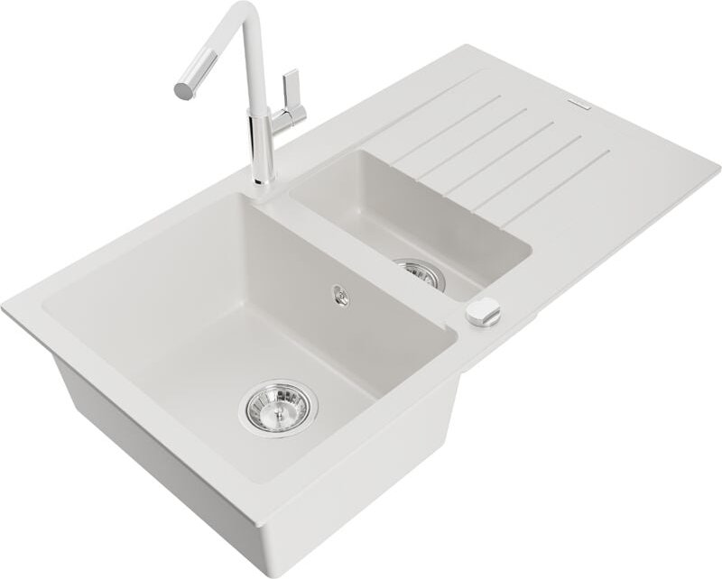 Matias 1,5-Becken-Granitspüle mit Abtropffläche und Mischbatterie Flora, Weiß - 6502-20-670401 - Mexen