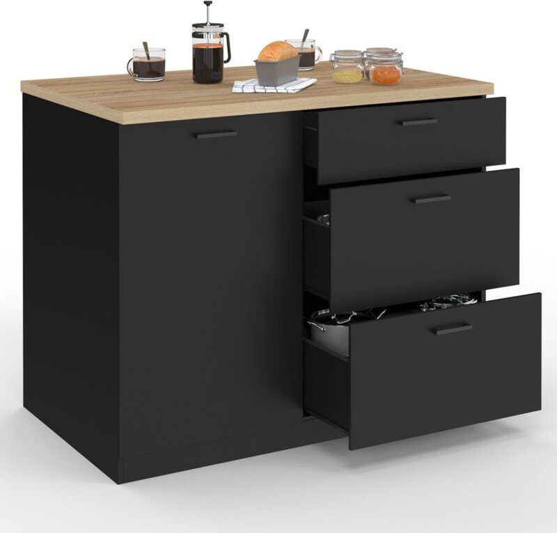 Zentralinsel TIBO 110 cm Frontauszug mit 3 Schubladen aus schwarzem Holz mit Arbeitsplatte in Buchenholzoptik