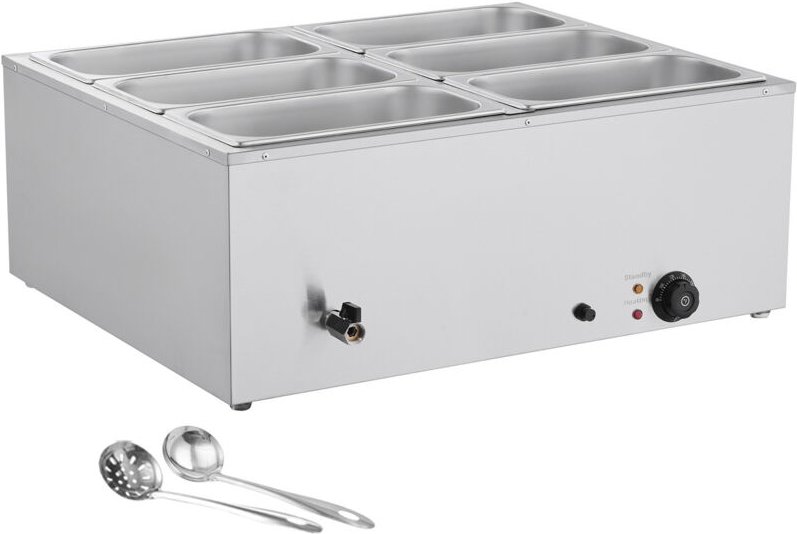 Mophorn Kommerzieller Speisenwärmer mit 6 Behältern in 1/3 Größe, 1,5 kW elektrischer Edelstahl-Wärmebehälter mit Deckel...
