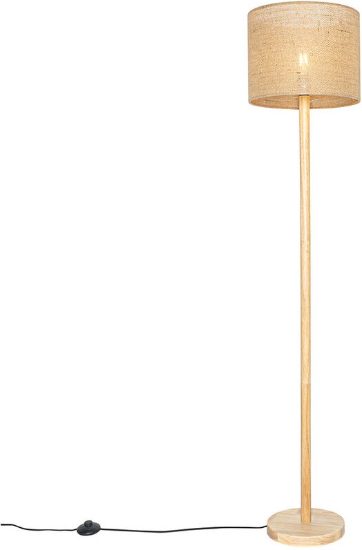Ländliche Stehlampe Holz mit Leinenschirm natur 32 cm - Mels