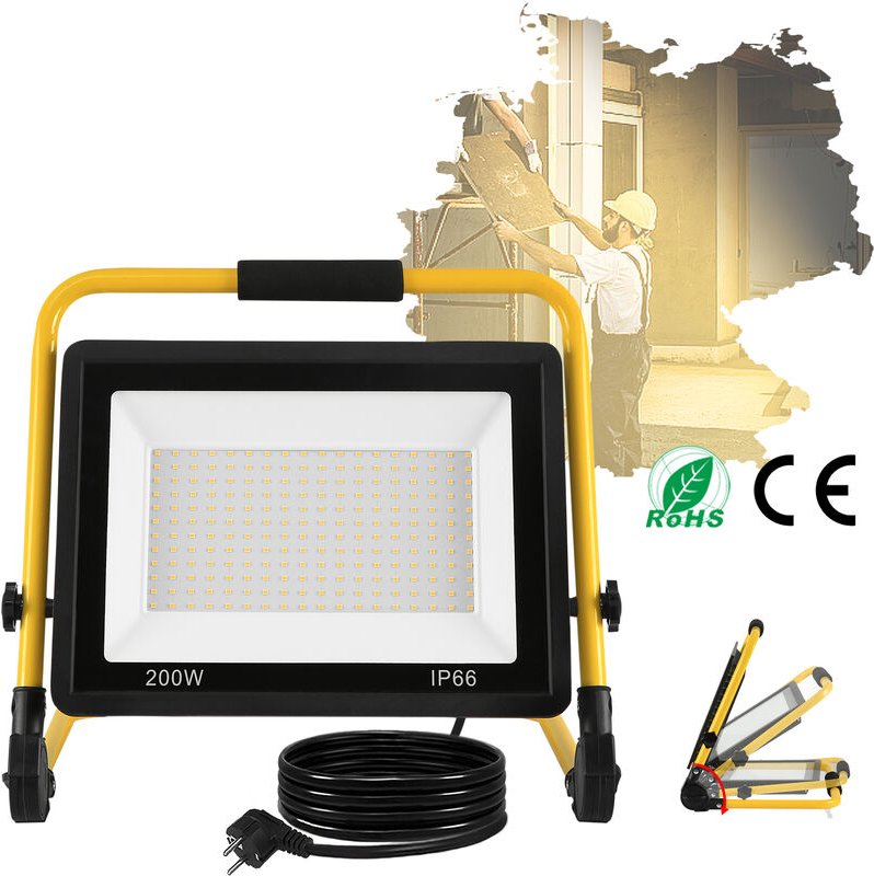 Led Baustrahler 200W Warmweiß Baustellen Strahler inkl. Standgestell und Netzkabel led Fluter Arbeitsscheinwerfer Wasser...