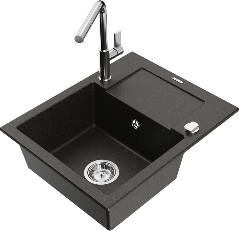 Enzo 1 Becken-Granitspüle mit Abtropffläche und Mischbatterie Flora, Schwarz/Gold metallisch - - Mexen