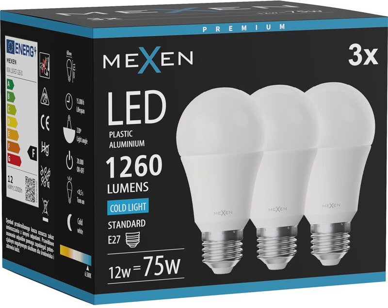 Mexen Nova 3x LED-Glühbirne E27, A60, 12W, Kalt - 6500K, 1260 lm - L100-E27-1265-01x03