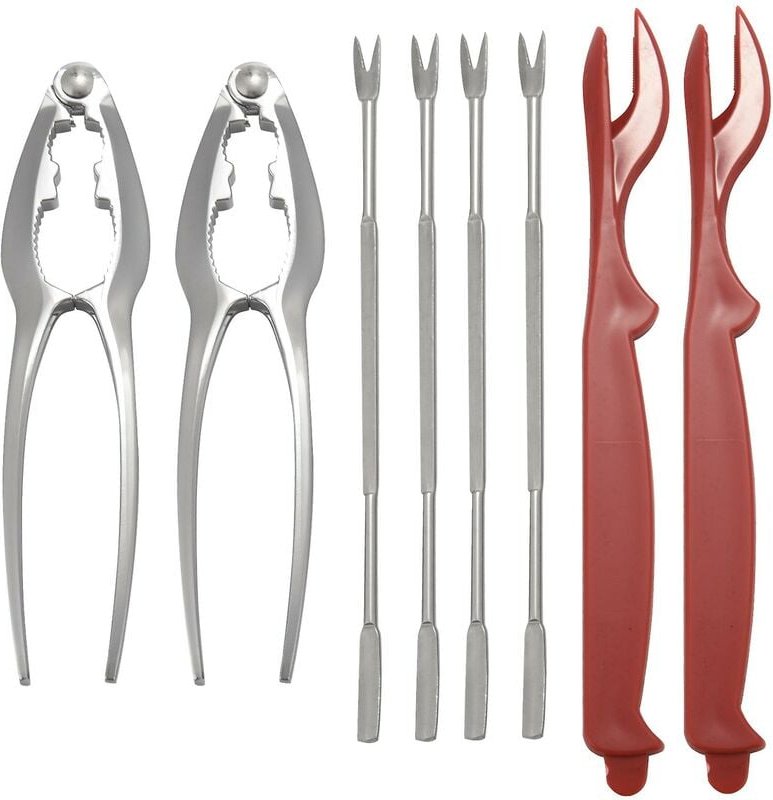 Meeresfrüchte-Werkzeug-Set, 2 Clips, 2 Kunststoffpickel, 4 Edelstahlgabeln, 8-teilig