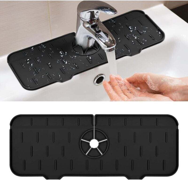 Plateau Anti-Gouttes en Silicone pour Robinet Évier Tapis Séchage Multifonction Cuisine Salle de Bain Noir