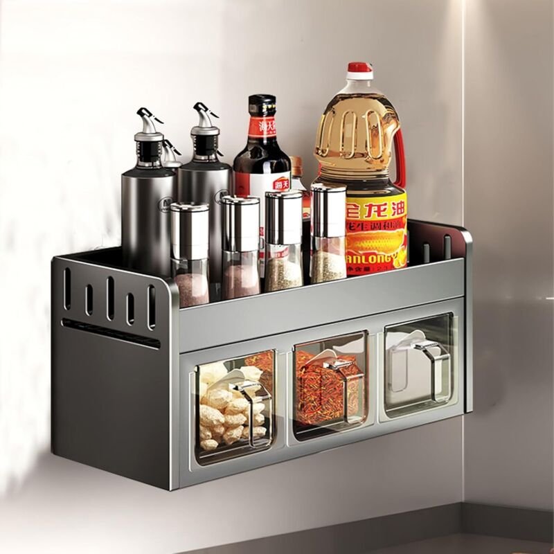 Wandmontiertes Gewürzregal ohne Bohren mit 3 Gewürzgläsern, Gewürzorganizer, Wandregal aus Metall zur Aufbewahrung von G...