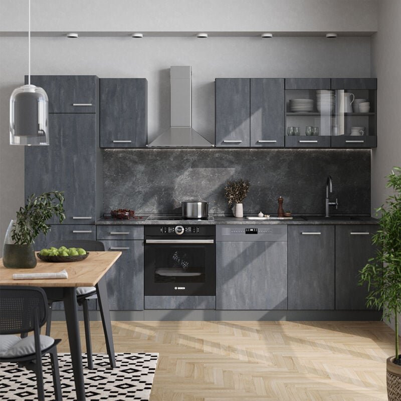 Komplettküche R-Line, Schwarz Beton/Anthrazit, 300 cm AP Anthrazit, Vicco