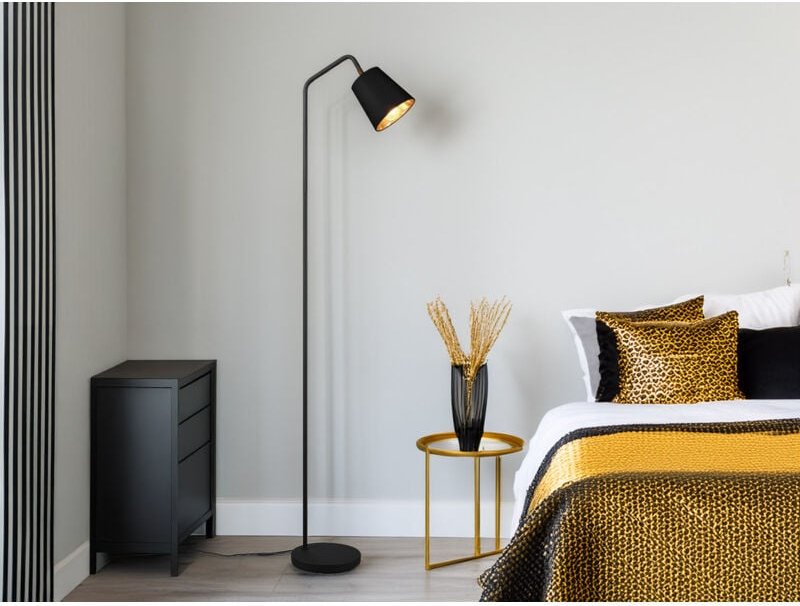 Reality Leuchten - Stehleuchte buddy Spot schwenkbar, Metall & Stoffschirm Schwarz/Gold, Höhe 148cm