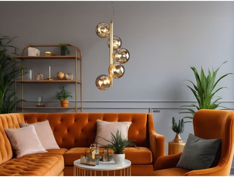 Luce Ambiente Design - Pendelleuchte neptun 5-flammig in Messing mit Amber Glaskugeln lang, Höhe 183cm