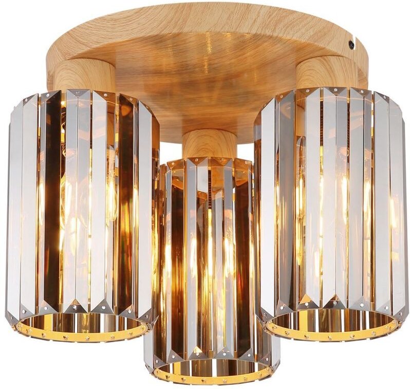 Nowa - Deckenleuchte Deckenlampe Wohnzimmerlampe 3 flammig Holzoptik Kristalle rauch