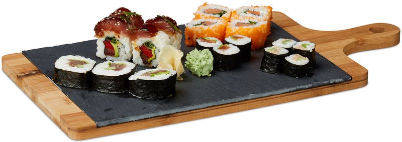 Relaxdays Servierbrett, Bambus, Schiefer Platte, Schneidebrett, Griff, rustikal, H x B x T: 1,8 x 45 x 22,5 cm, grau