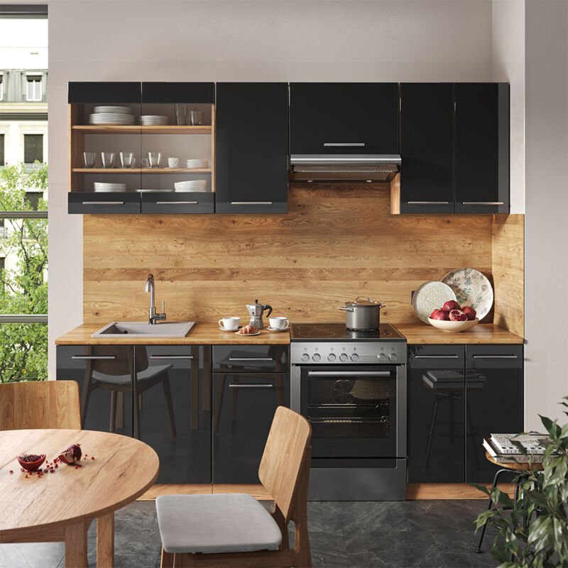 Vicco - Küchenzeile Fame-Line, Anthrazit Hochglanz/Goldkraft Eiche, 240 cm , ap Marmor