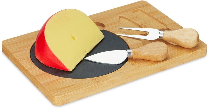 Relaxdays - Käsebrett mit Käsemesser Set, Bambus Käseplatte mit Schiefer & Käsebesteck, b x t: 25 x 17 cm, natur/schwarz