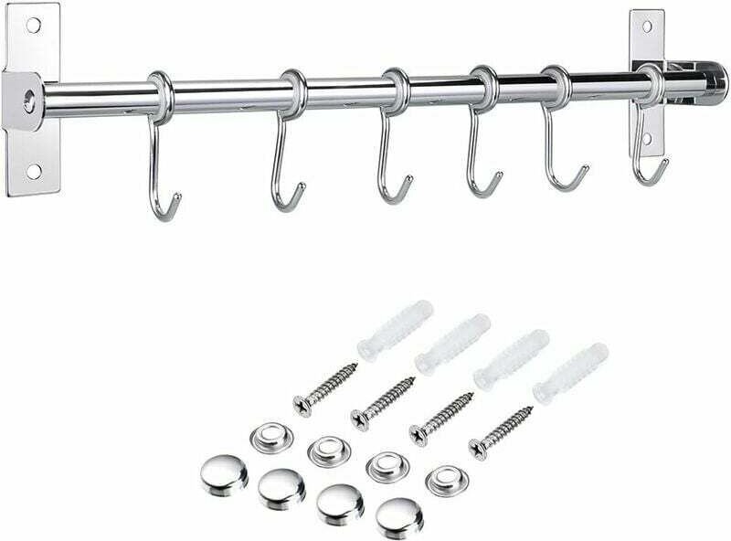 Küchenrückwandleiste aus Edelstahl mit 6 abnehmbaren Haken zum Aufhängen von Küchenutensilien – Suppenlöffel, Kochtopf u...