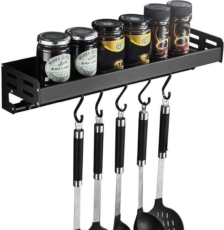 Etagère à épice,Porte-Épices, Support Rangement Ustensiles De Cuisine Mural 6 Crochets,Murale Sans Perçage,Aluminium, An...