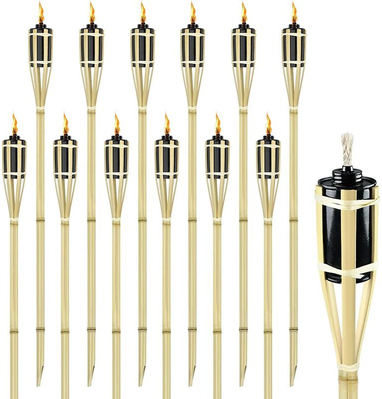 UISEBRT Gartenfackeln für Draußen 12er Set Bambusfackeln, Ölfackeln aus Bambus mit Docht Stimmungsvolle Fackeln Deko Öll...