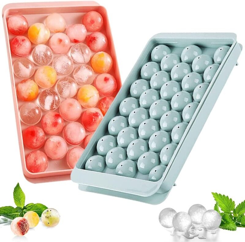 Set mit 2 runden Eiswürfelformen mit Deckel, stapelbar, LFGB-konform, BPA-frei, blau und rosa