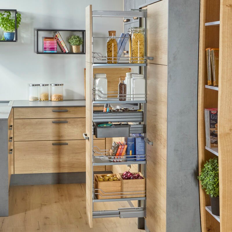 SOTECH Dispensa-X Apothekerauszug SILBERGRAU matt, Tragkraft 100 kg, Höhe von 1200-1600 mm, 4 Tablare für 300 mm Schrank...