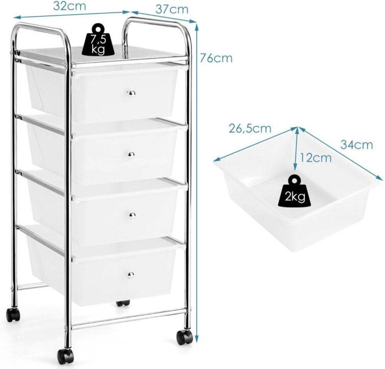 Rollwagen mit 4 schubladen und metallrahmen transparent
