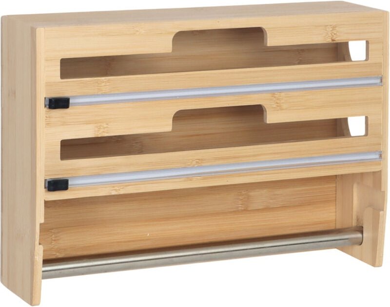 Relaxdays Wandrollenhalter 3 in 1, für Küchenrolle, Alufolie, Frischhaltefolie, Bambus, HxBxT: 25 x 37 x 10 cm, natur