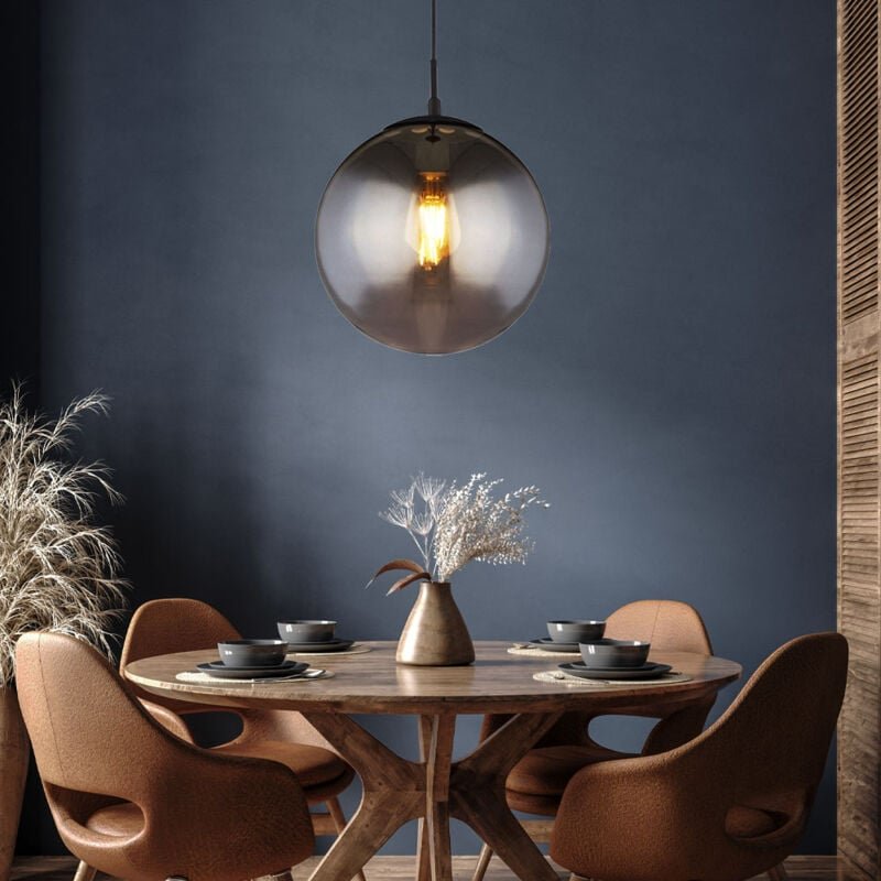 Decken Hängeleuchte Glaskugel Pendelleuchte Rauchglas Kugelleuchte Esszimmer, Metall schwarz matt, 1x E27 Fassung, DxH 3...