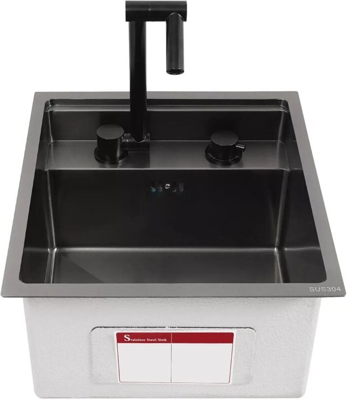 Einbauspüle, quadratisch, 43 x 39 cm, schwarzer Edelstahl, mit Armatur, Einzelbecken mit Deckel