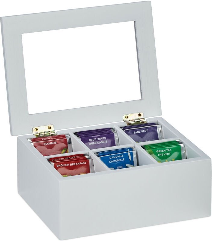 Teebox, 6 Fächer, Bambus, hbt: 9x21,5x16 cm, für Tee & Kaffeepads, Teekasten mit Deckel, staubgeschützt, weiß - Relaxday...