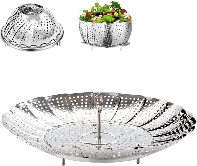 Hochwertiger 9-Zoll Edelstahl-Dampfkorb für Schnellkochtopf – Faltbarer Gemüse-Dampfer mit Fleur Marguerite Design, lang...