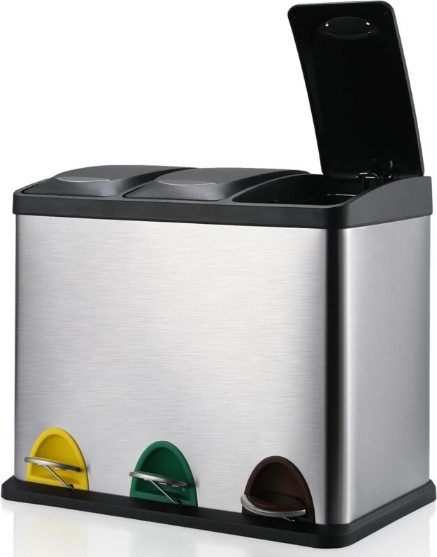 LIFERUN Mülleimer 3 Fächer, 3x 8L Mülltrennsystem, 24 Liter Abfalleimer Küche, Kleiner Treteimer aus Edelstahl mit Decke...