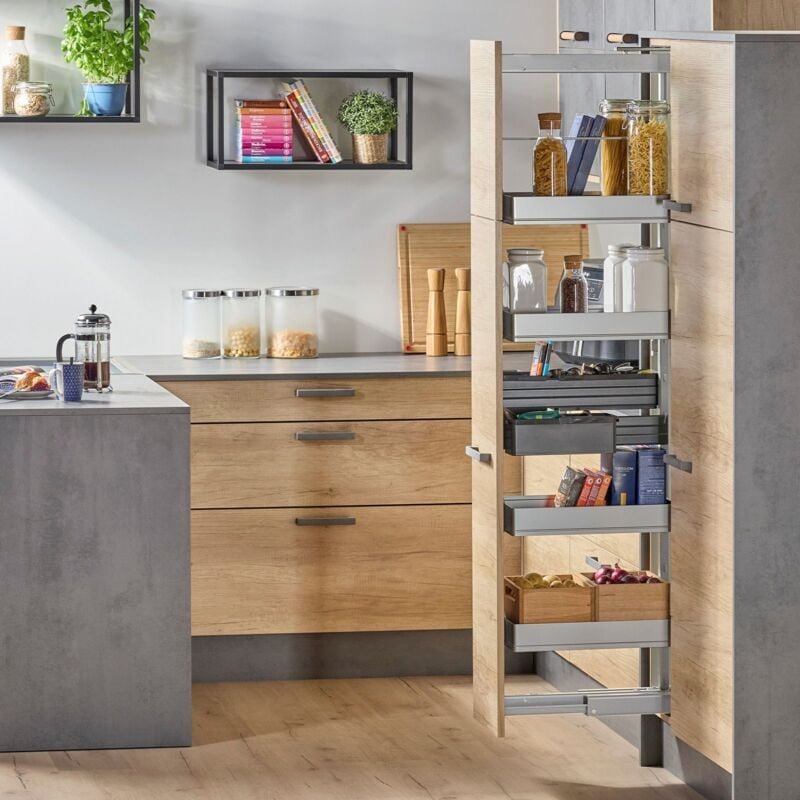 Kesseböhmer Dispensa Sets silbergrau mit ARENA Pure Tablaren silber/dunkelgrau, Höhe von 1600-2000 mm, 5 Tablare für 300...