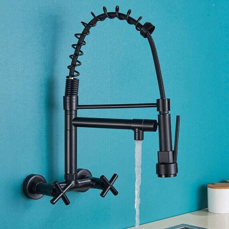 Schwarze Küchenarmatur, wandmontierte Küchenarmatur, Spültischarmatur mit ausziehbarem Brausekopf