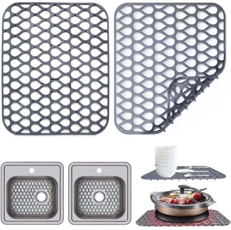 2er-Set Silikon-Spülbeckenmatten – Maße: 35 x 29 cm – Mit Abflusslöchern – Grau