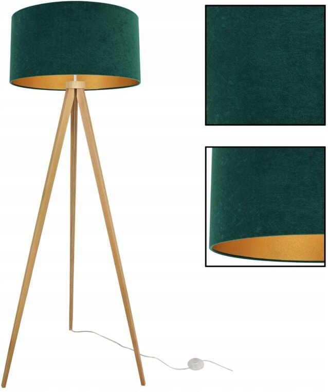 Stehlampe mit Dreibein, goldener Samt-Lampenschirm