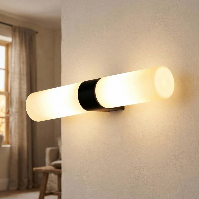 Wandleuchte Schwarz Weiß H: 29.5 cm IP44 G9 2-flammig Aluminium Glas Modern Spiegellampe